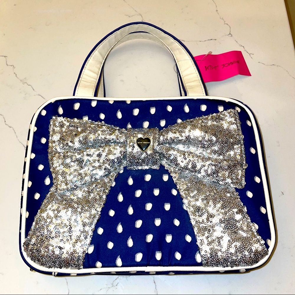 Betsey Johnson Blue Polka Dot Tote with Silver Sequin Bow